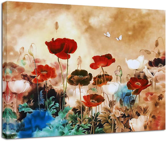 Blooming Poppies Canvas Prints Wall Art Colorful Flowers Pictures Paintings for Living Room Bedroom Bathroom Home Decorations Modern Stretched and Framed Pretty Floral Giclee Artwork