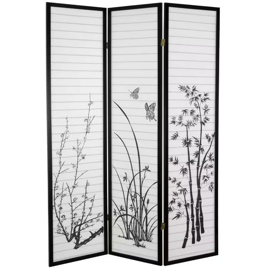 6 Ft. Black 3-Panel Bamboo and Blossoms Room Divider