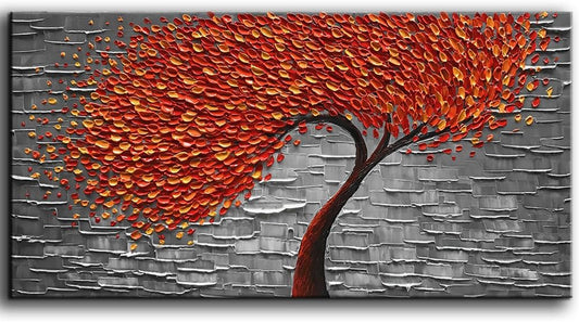 - Modern Abstract Painting Red Tree 3D Oil Painting Hand Painted on Canvas Abstract Artwork Picture Wall Art for Living Room Office Decoration (20X40Inch)